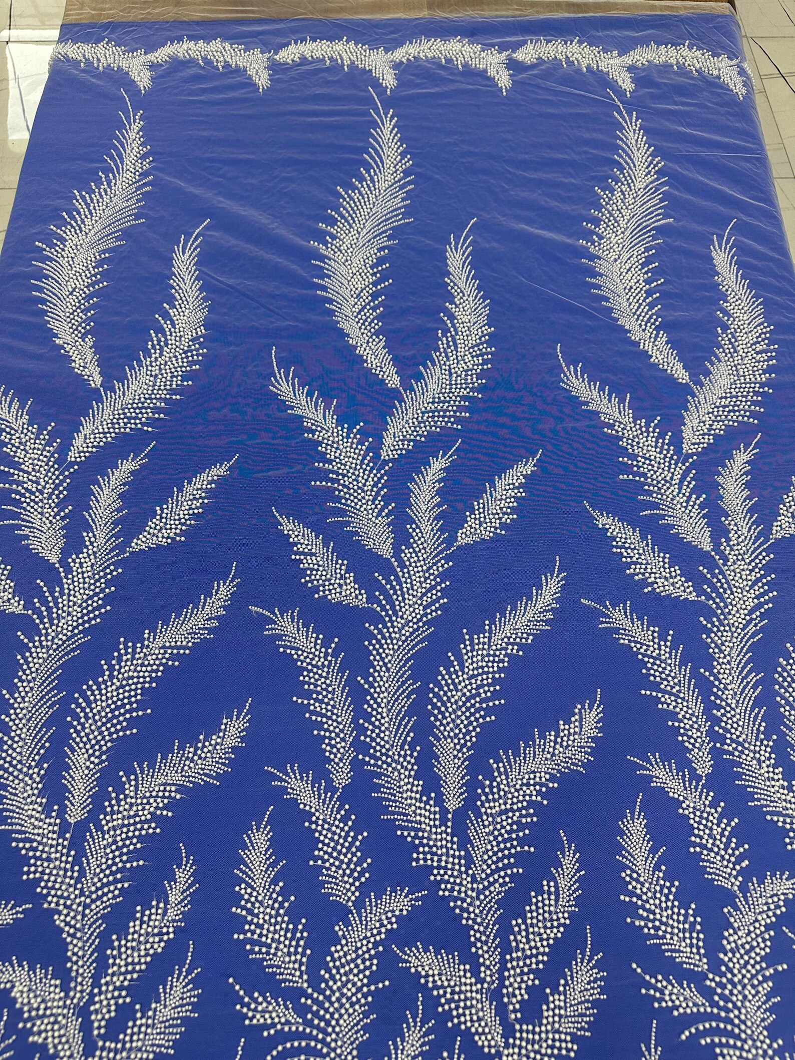 Velvet Lace Fabric with Sequins, Beaded Fern Vines & Floral Embroidery, Scalloped Edge Design