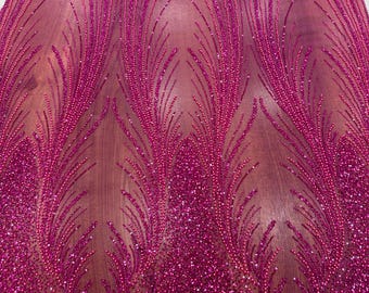Fuchsia Tulle Lace Fabric, by the Yard, Pearl Sequin Embroidery, Angel Wing Design,  Veil  Evening Wear