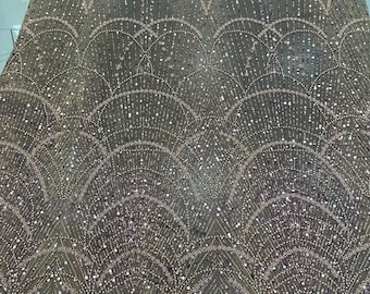 Lace Fabric Soft Pink Tulle  Blush Pearls Shimmering Sequins Chain Pattern Design Luxurious Romantic Haute Couture Evening Gown for DIY