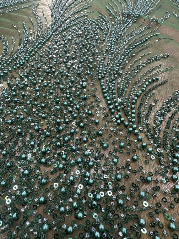 Elegant Emerald Green Tulle Lace Fabric by the Yard Pearl Sequin Embroidered Angel Wing Design for Bridal and Evening Gowns More Colors