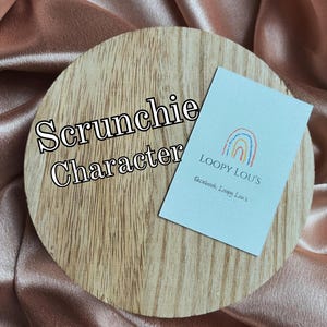 May include: A wooden round with the words "Scrunchie Character" in a script font. A small card with a rainbow design and the text "LOOPY LOU'S" is on the right. The background is a peach-colored satin fabric.