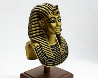 Handmade Tutankhamun Bust | Egyptian Pharaoh Sculpture on Wood Base