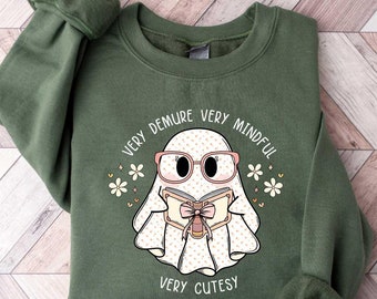 Very Demure Very Spooky Sweatshirt, Cute Ghost Sweater, Introvert Halloween Gift Shirt, Halloween Crewneck, Halloween Meme Ghost T-Shirts