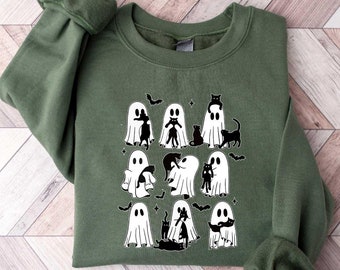 Sudadera de Halloween, sudadera de gato, camiseta fantasma, camiseta de gato negro, mares espeluznantes, camiseta genial de gato de Halloween, camiseta para amantes de los gatos, suéter de Halloween