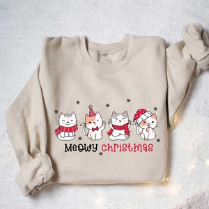 Meowy Christmas Sweatshirt, Cat Christmas Sweater, Cat Lover Xmas T-Shirt, Christmas Cat Mom Crewneck, Christmas Hoodie
