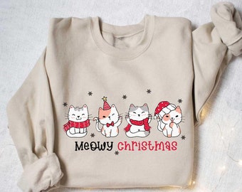 Meowy Christmas Sweatshirt, Cat Christmas Sweater, Cat Lover Xmas T-Shirt, Christmas Cat Mom Crewneck, Christmas Hoodie