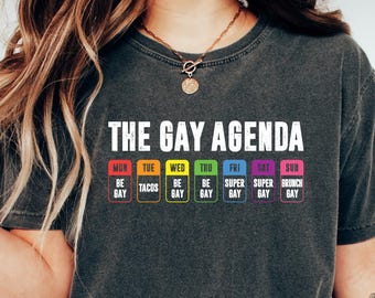 Camiseta "La Agenda Gay", divertida camiseta LGBTQ, arcoíris de cuello redondo, bisexual, igualdad, pareja, regalo gay, ser gay