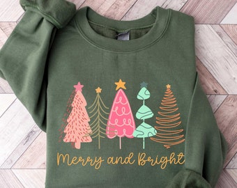 Merry and Bright Christmas Tree Sweatshirt, Merry and Bright Shirt, Christmas Sweater, Holiday Sweater Plus Size, Christmas Gifts for Women