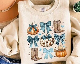 Pumpkin Coquette Bow Sweatshirt, Halloween Bow Sweater, Pumpkin Halloween Shirt, Spooky Season Tee, Pumpkin Halloween Crewneck, Spooky shirt