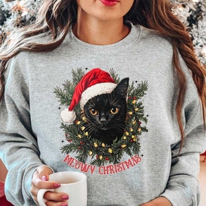 Black Cat Christmas Sweatshirt, Cat Christmas Sweater, Cat Lover Christmas T-Shirt, Christmas Cat Mom Crewneck, Christmas Hoodie