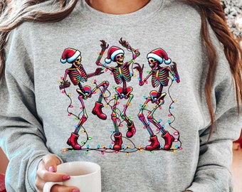 Skeleton Christmas Sweatshirt,Christmas Dancing Skeleton Sweatshirt,Holiday Sweater,Merry Christmas Shirt,New Year Shirt,Christmas Light Tee