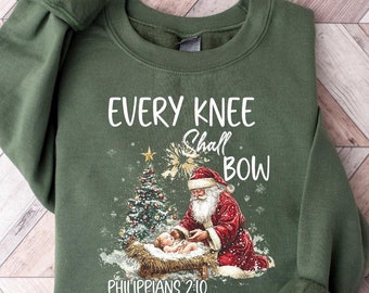 Sudadera Every Knee Shall Bow, suéter navideño, camisetas navideñas cristianas, regalos navideños divertidos, camiseta navideña de la iglesia, suéter de la natividad