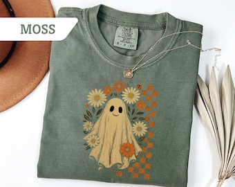 Comfort Colors®Boho/Retro Ghost Floral Checkerboard Sweatshirt, Fall Vibes Tshirt, Halloween Shirt, Gift for Ghost Lovers,Spooky Season Gift