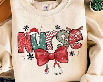 Christmas Nurse Stethoscope Sweatshirt, Preppy Christmas Nurse Shirt, RN Christmas Sweater, Funny Nurse Gift, Coquette Bow Nurse Holiday Tee