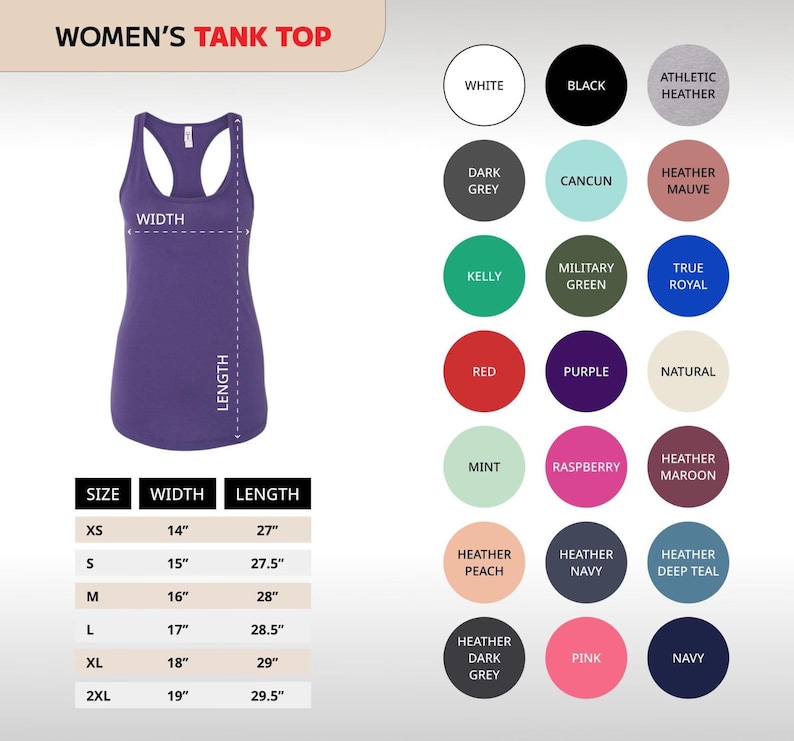 Pu&ograve; includere: Un top senza maniche viola da donna con design a vogatore. L'immagine include una tabella delle taglie con misure in pollici e una tavolozza di colori con varie tonalit&agrave; come nero, rosso e blu navy. Il testo "WOMEN'S TANK TOP" &egrave; in alto.