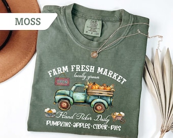 Camisa retro de mercado fresco de la granja Comfort Colors®, regalo de otoño para agricultores, sudadera de cuello redondo con calabazas otoñales, sudadera con calabazas frescas de la granja, camiseta de otoño tipo camionero