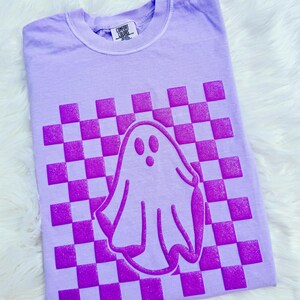 Comfort Colors®Embossed 3D Puff Retro Halloween Checkered Ghost Shirt,Ghost Sweatshirt Spooky Tshirt,Embossed 3D Retro Spooky Season Gift