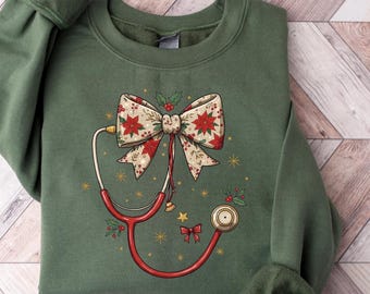 Christmas Stethoscope Bow Sweatshirt, Nurse Christmas Tee, Holiday Stethoscope Shirt, Christmas Nurse Shirt, Gift For Nurses