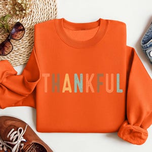 May include: Orange sweatshirt with the word "THANKFUL" printed in colorful letters.