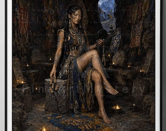Himalayan Oracle — fine art paper print, mystical woman, sacred mountain spiritual wall decor