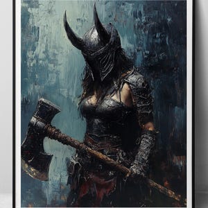Ragazza barbara - stampa artistica su carta, elmo cornuto, ascia e armatura, splendida guerriera medievale dipinta a olio, dark fantasy stampabile