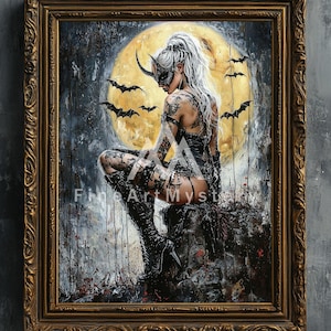 Rainha Morcego Gótica – Impressão artística, pintura a óleo digital de Halloween, arte de parede de bruxa, decoração gótica de fantasia sombria