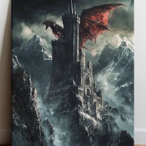 Drache, mittelalterlicher Schlossturm - Leinwand Kunstdruck, dunkle Fantasie Berg Fee Kreatur Ölgemälde