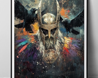 Odin & Black Ravens - Papier Fine Art Druck, digitales Ölgemälde mit groben Pinselstrichen, heidnischer nordischer Wikingergott in Helm