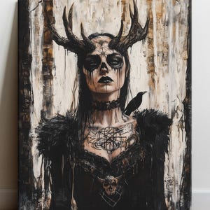 Horned Goth-Witch - canvas fine art print, Creepy occult tattooed antlers goth girl in the forest, digital oil painting