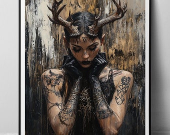 Horned Witch - paper fine art print, Creepy occult tattooed goth girl digital oil painting