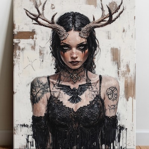 Gothic Witch - canvas fine art print, Creepy horned occult tattooed raven goth girl, digital oil painting