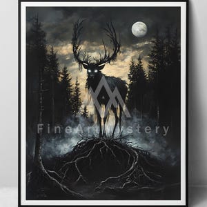 Cervo nero in una foresta inquietante - Stampa artistica, boschi in una notte di luna piena, pittura a olio digitale, stampabile, poster fantasy dark goth, arte murale con animali