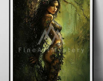 May include: A framed digital art print featuring a dark-haired figure adorned with green vines and leaves, standing against a deep forest background. The artwork displays the text FineArtMystery overlaid in the center in a white font.
