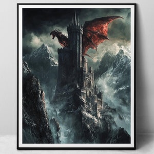 Drago, torre del castello medievale - stampa artistica su carta, creatura fatata di montagna fantasy oscura, dipinto a olio digitale