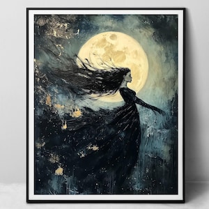 Nyx, Dea della notte - stampa fine art su carta, Witchy Full Moon dark fantasy, pittura a olio digitale