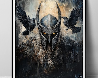 Odin & Black Ravens - Papier Fine Art Print, Wikinger Gott Krieger im Helm