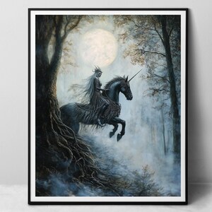 Guardiano della foresta, autunno - stampa artistica su carta, dipinto a olio digitale di una ragazza unicorno nella notte nebbiosa