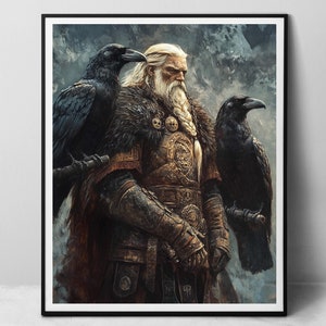 Odino con Huginn e Muninn - stampa artistica su carta, dipinto a olio digitale raffigurante un dio pagano norreno guerriero