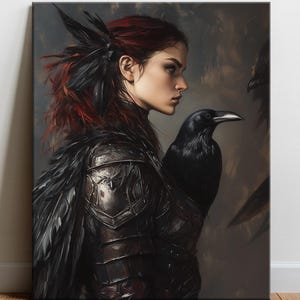 Red Morrigan & Black Raven - canvas fine art print, Celtic goddess portrait, Raven Queen digital oil painting