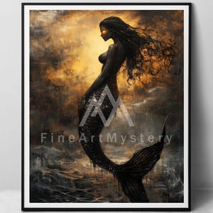 Shadow Siren – paper fine art print, Dark Enchanted Mermaid, Mystical Sea Deity Witch Art Print, Printable digital fantasy oil painting