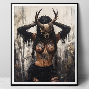 Sorcière nordique - impression d'art en papier, femme goth tatouée occulte effrayante, peinture à l'huile numérique