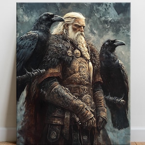 Odin with Huginn & Muninn - canvas fine art print, Pagan Norse god warrior digital oil painting