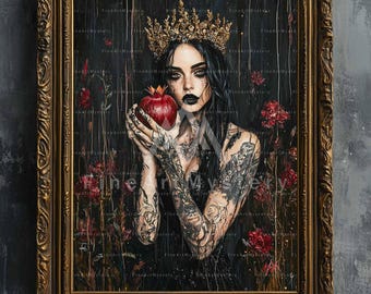 May include: A framed artwork depicts a woman with dark hair, a gold crown, and intricate tattoos, holding a red apple. The painting has a dark, gothic aesthetic with red flowers and a gold ornate frame.