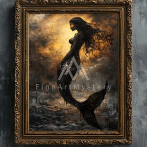 Shadow Siren – Fine art print, Dark Enchanted Mermaid, Mystical Sea Deity Witch Art Print, Printable digital fantasy oil painting