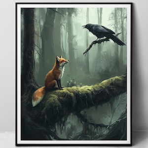 Volpe e corvo nella foresta nebbiosa - stampa artistica su carta, pittura a olio digitale Foresta incantata