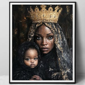 Bellissima Erzulie - stampa artistica su carta, dea Voodoo, Madonna nera con bambino dipinto a olio digitale