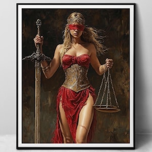 Dea della giustizia in rosso - stampa artistica su carta, bellissima Justitia antica greca romana, avvocato avvocato giudice arte murale stampabile