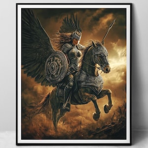 Valkyrie on the Battlefield - paper fine art print, Female goddess warrior digital oil painting
