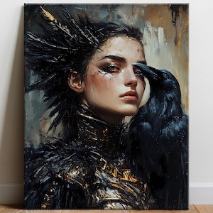 Morrigan & Black Raven - canvas fine art print, Pagan Celtic Goddess Warrior, Ravens Queen digital oil painting