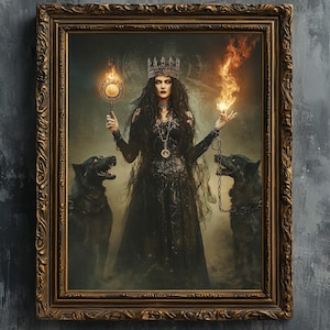 Puede incluir: Una pintura enmarcada de una mujer con un vestido negro y una corona, sosteniendo una antorcha en llamas y un orbe brillante. Dos perros negros se paran a cada lado de ella, con cadenas atadas a sus collares.